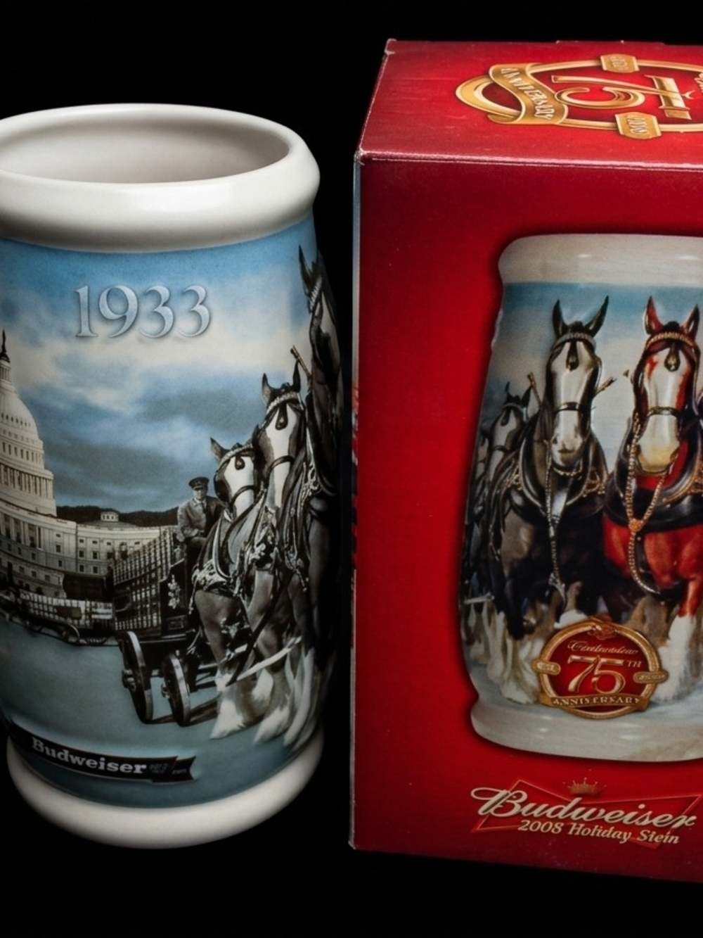 Budweiser White and Blue Holiday Ceramic Stein with Clydesdale Artwork